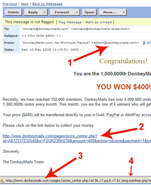 Gambar email penipuan, seolah-oleh dari donkeymails.com